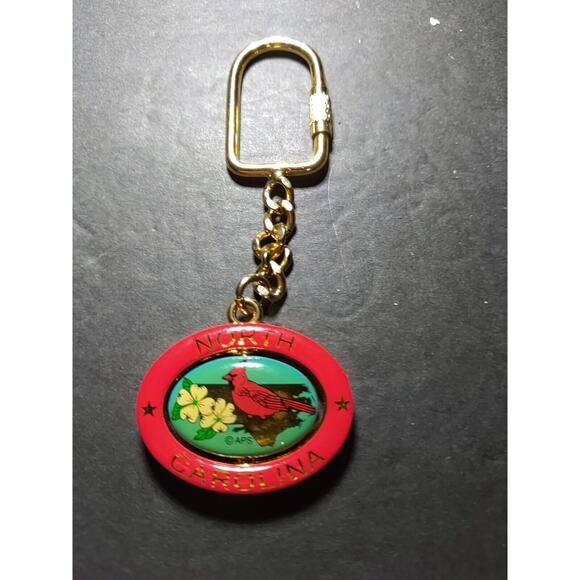North Carolina Spinner Keychain Dogwood Cardinal Red Gold Tone - Picture 3 of 4